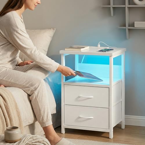 Night Stand with Charging Station (15.7"D x 11.8"W x 23.6"H (2 drawers) / Power+Light (1pc) / White)