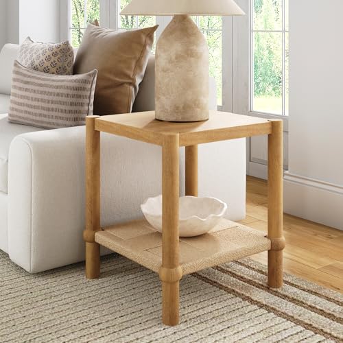 River Modern Coastal Side Table with Solid Wood Legs and Seagrass Storage Shelf (Light Brown/Seagrass / Single)