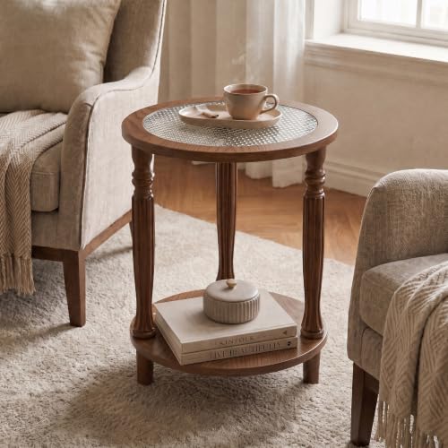Walnut Brown Round 2‑Tier French Vintage End Table with Glass (Walnut Brown)