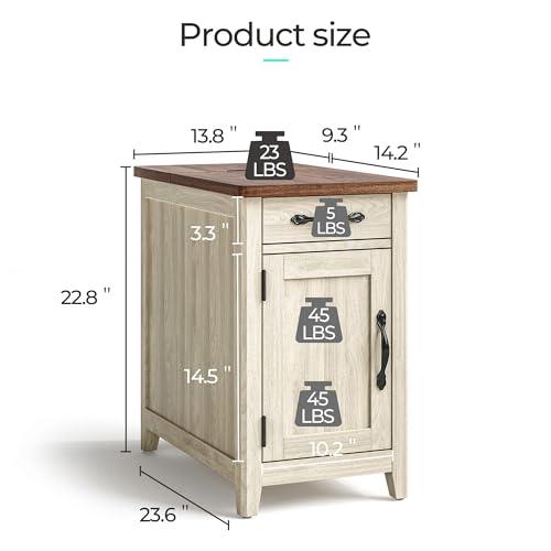 Charging End Table with USB Ports (Washed Grey and Brown / Wood Door)