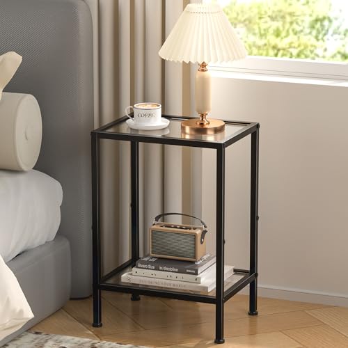 Glass Side Table (Black / 2-Tier (11"D x 15"W x 21.7"H))