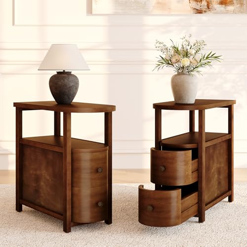 Solid Wood End Table Set 2 with 2 Drawers & Open Shelf (Vintage Brown)