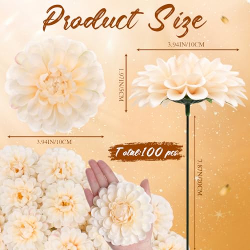 100pcs Beige Artificial Dahlia Flowers with Stems (Beige)