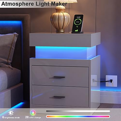 LED Nightstand with Charging Station and Sliding Storage (White / 1 Pack)