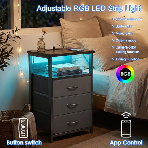Night Stand with 3 Drawers (15.7"D x 11.8"W x 26.9"H (3 drawers) / Power+Light (1pc) / Black)