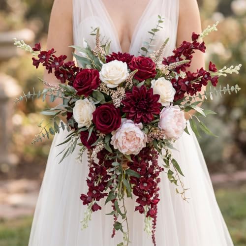 16Pcs Burgundy Delphinium Artificial Flower 33.5''Long Stem Burgundy Flower (Red)