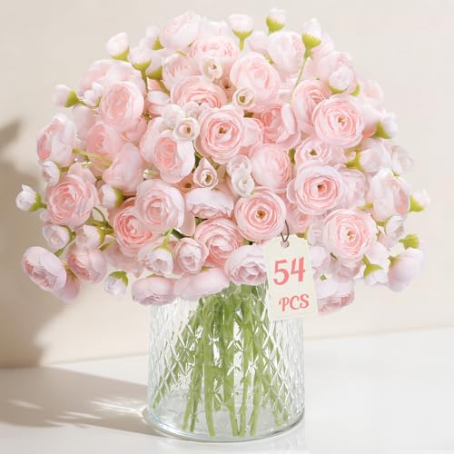 54Pcs Ranunculus Artificial Flowers Faux Silk Mini Flowers Indoor (Shabby Blush)