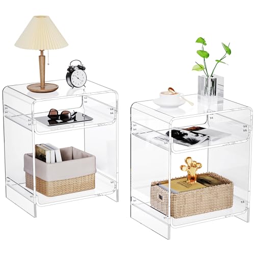 Acrylic End Table Record Player Table with Storage Shelf Clear Side Table Nightstand (Clear Set of 2)