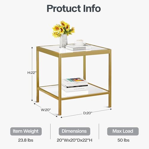 2 Tier Square End Table Side Table with Tempered Glass Top and Gold Metal Frame Modern Night Stand for Small Spaces Side Table with Storage for Living Room Bedroom (Gold / Style 1)