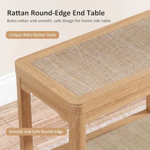 Rattan Side Table End Table Nightstand Set of 2 with Round Edge (Natural Oak, Round Edges)