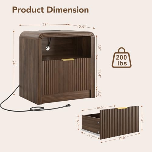 23'' Wide Fluted Nightstand Set of 2 with Charging Station (Walnut / 1 Drawer & Open Shelf)