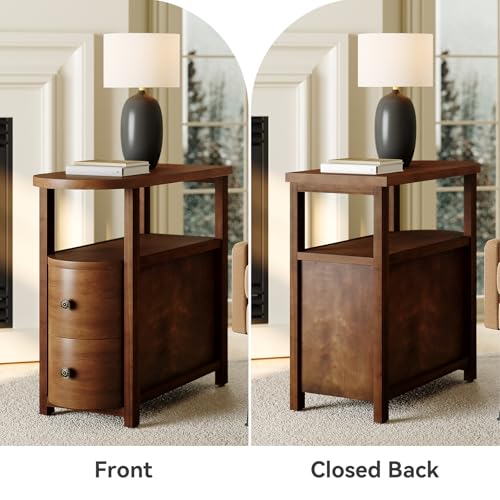Solid Wood End Table Set 2 with 2 Drawers & Open Shelf (Vintage Brown)