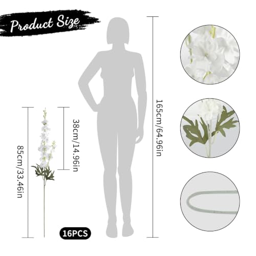 16Pcs White Delphinium Artificial Flowers 33.5" Long Stem Wedding Flower (White)