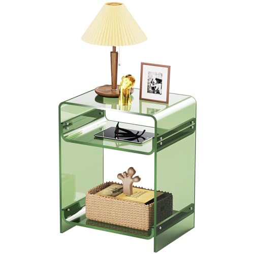 Acrylic End Table Record Player Table with Storage Shelf Clear Side Table Nightstand (Green)
