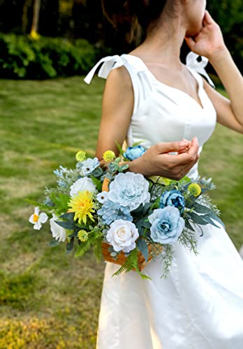 Artificial Flowers Combo Peony 35pcs Silk Roses Mix Fake Flowers for DIY Wedding Bouquets Combo Gradual Change Centerpieces Arrangements Party Bridal Baby Shower Home Decorations (Blue Yellow)