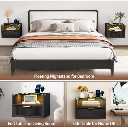 Modern Floating Nightstand Set of 2 with Charging Station & Light (Black)