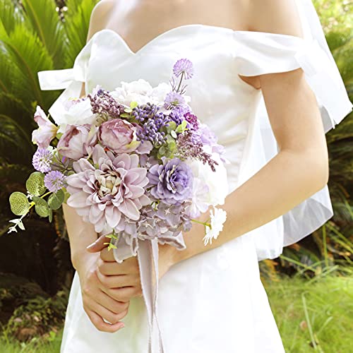 Artificial Flowers Combo for DIY Centerpieces Arrangements Wedding Bridal Bouquet Table Chair Candle Holder Baby Shower Cake Flower Home Decor (White&purple)