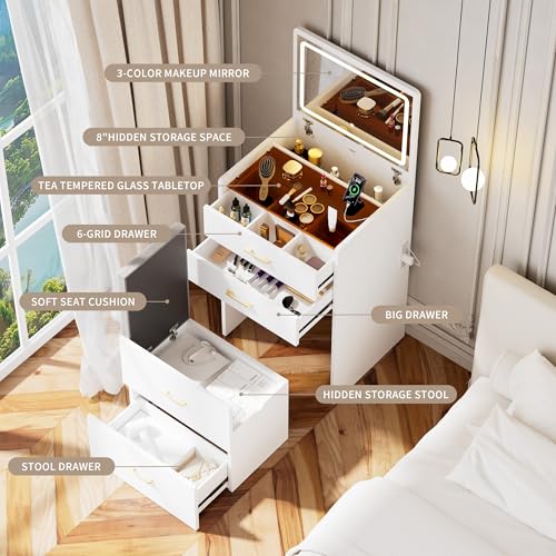 3-in-1 Vanity Desk Set with Stool, Small Flip-Up Makeup Table, White (White / 23.8 Inch)
