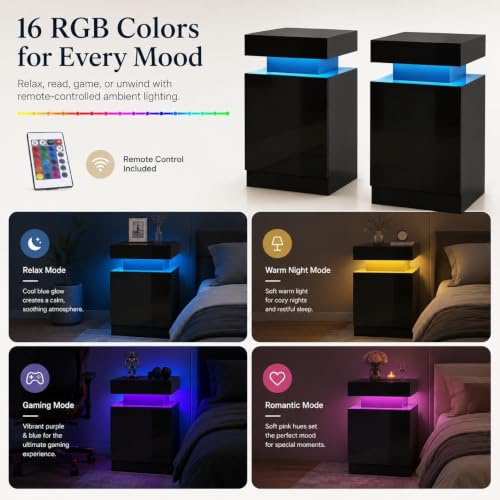 Nightstand Set of 2 with RGB LED Lights (Black / 17.7 inch-2P)