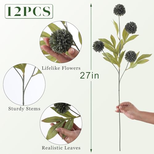 12 Pcs 27"Artificial Pompon Mum Silk Flower Stems for Vase (Dark Gray)
