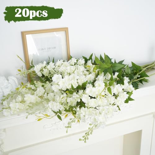 20PCS 33.5" White Artificial Delphinium Flowers with Clematis Greenery