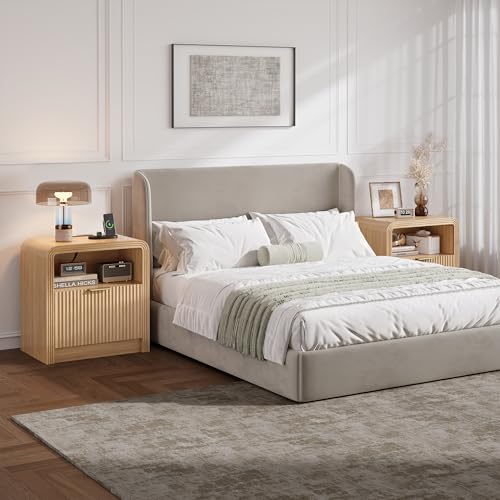 23'' Wide Fluted Nightstand Set of 2 with Charging Station (Oak / 1 Drawer & Open Shelf)