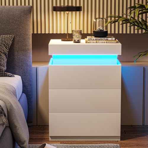 White Nightstand with Charging Station and LED Lights (White)