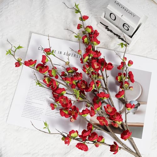 Artificial Cherry Blossom Branches Fake Plum Blossom 35.4''Fake Flowers Cherry Blossoms Faux Flowers Long Stem Artificial Flowers for Tall Vase for Indoor Home Decoration (Red)