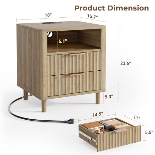Fluted Nightstand with Charging Station (Oak / 2 Drawers)