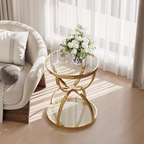 2Pcs Round Glass Coffee Table and End Table Sets with 2 Tiers (Medium / Golden)