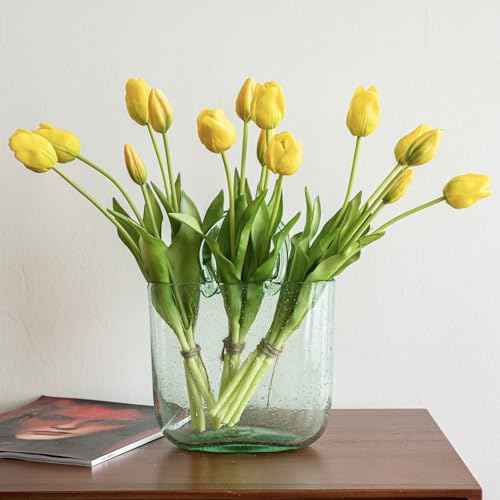 15pcs Artificial Tulips Flowers (15pcs Yellow (No Vase))