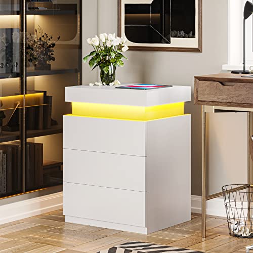 White Nightstand with Charging Station and LED Lights (White)