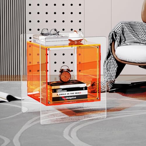 Acrylic Nightstand Colorful Bedside Table with Open Storage Shelf (Orange)