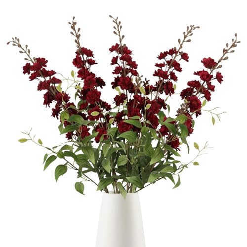 Dark Red Flowers Artificial Delphinium 9PCS Burgundy Larkspur Artificial Flowers with Clematis Greenery Burgundy Silk Flowers for Wedding Centerpieces for Home Table Decor (Dark Red)