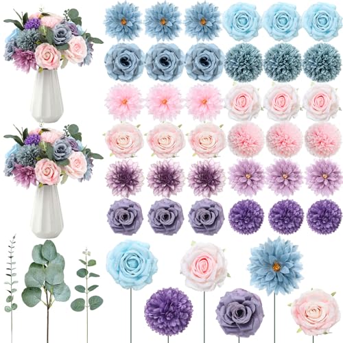 98pcs Artificial Flowers with Stems (Blue, Purple, Pink Color)