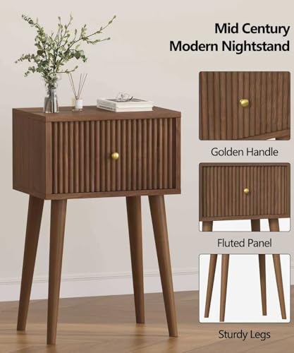 Small Nightstand Set 2 Fluted Wooden Nightstands Wood Legs Walnut (Walnut)