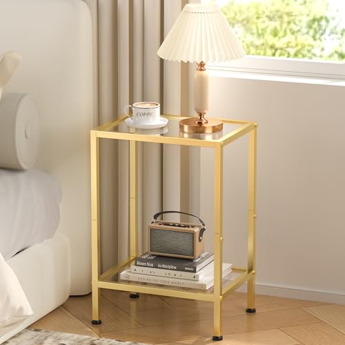 Glass Side Table (Gold / 2-Tier (11"D x 15"W x 21.7"H))