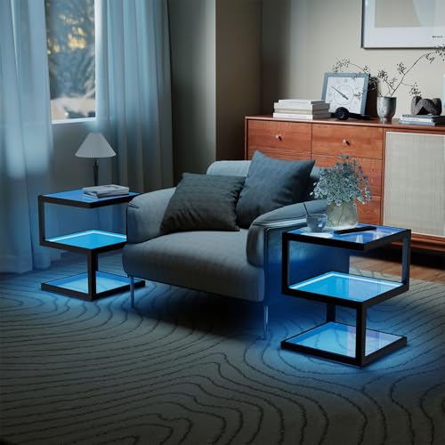 3 Tier Floating Side Table with Clear Tempered Glass and Metal Frame (Black)