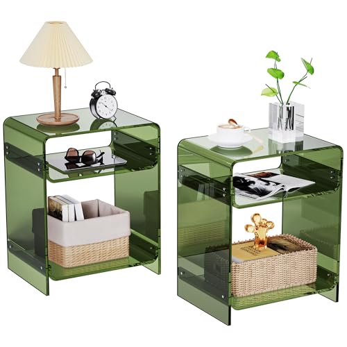 Acrylic End Table Record Player Table with Storage Shelf Clear Side Table Nightstand (Green Set of 2)