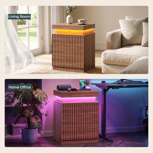 Fluted Nightstand with Charging Station and LED Lights (Walnut)