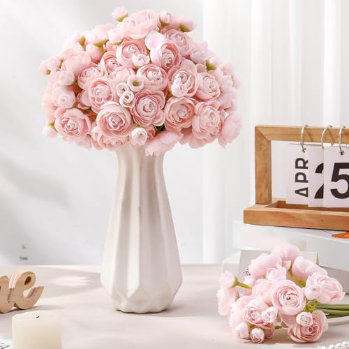 48 Pcs Ranunculus Artificial Flowers Faux Silk (Pink)