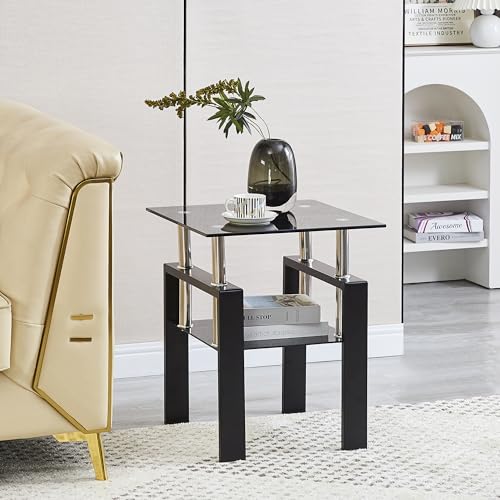 Set of 2 Black Glass End Tables (Black Top With Black Leg)