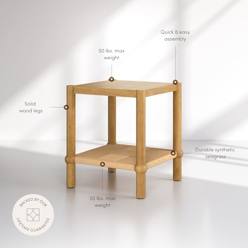 River Modern Coastal Side Table with Solid Wood Legs and Seagrass Storage Shelf (Light Brown/Seagrass / Single)