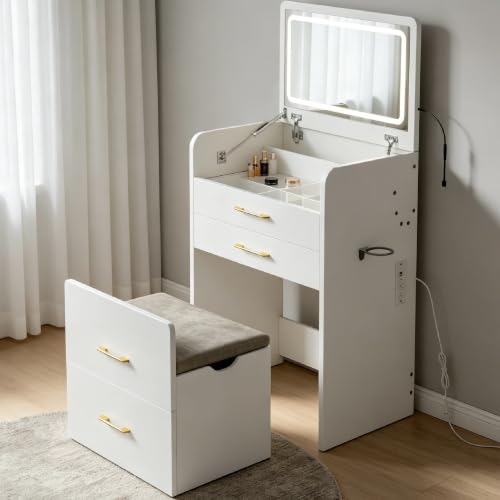 3-in-1 Vanity Desk Set with Stool, Small Flip-Up Makeup Table, White (White / 23.6 Inch)
