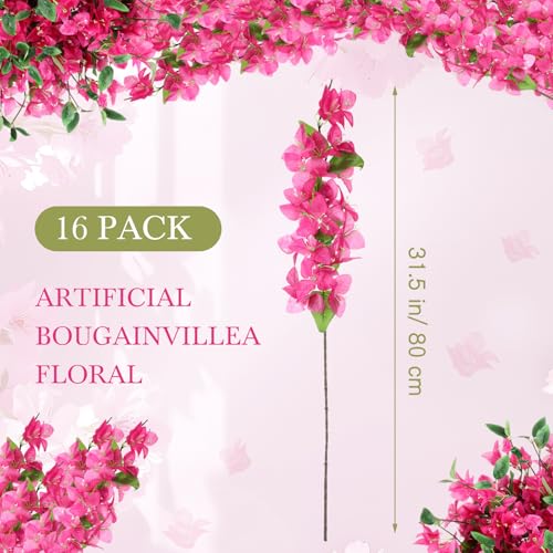 16 Pcs Fake Bougainvillea Bulk Silk Flower UV Resistant (Rose Red)