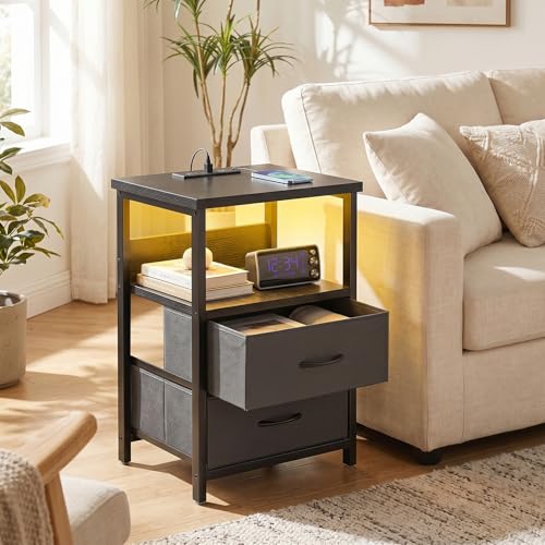 Black Nightstands Set of 2 (15.7"D x 11.8"W x 23.6"H (2 drawers) / Power+Light (2pc) / Black)