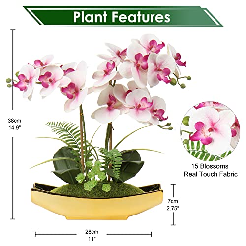 Orchids Artificial Flowers 15" Light Pink Phalaenopsis Orchid with Gold Pots Real Touch Faux Orchid Plant for Home Office Living Room Table Shelf Decor (Pink#2)
