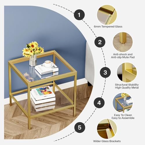 2 Tier Square End Table Side Table with Tempered Glass Top and Gold Metal Frame Modern Night Stand for Small Spaces Side Table with Storage for Living Room Bedroom (Gold / Style 1)