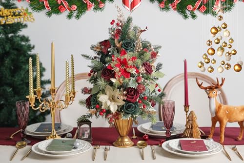 Artificial Christmas Flowers Greenery Combo Box Set Faux Flowers Bulk Flower Leaf with Stems for DIY Tree Ornaments Xmas Wreath Floral Arrangements Centerpieces (Chrismas Red)