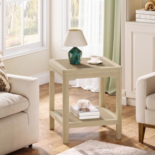 Square Rattan End Table Side Table with Round Edge Design (Light Oak, Square)